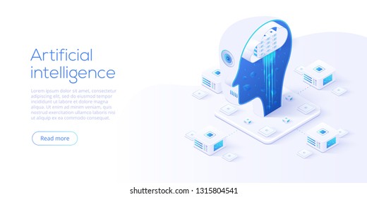 Artificial Intelligence Or Neural Network Concept In Isometric Vector Illustration. Neuronet Or Ai Technology Background With Robot Head And Connections Of Neurons. Web Banner Layout Template.