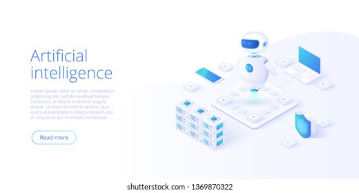 Artificial intelligence or neural network concept in isometric vector illustration. Neuronet or ai technology background with robot head and connections of neurons. Web banner layout template.