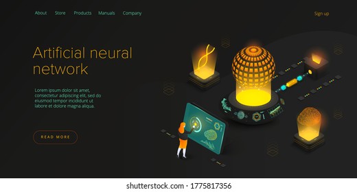 Artificial intelligence or neural network concept in isometric vector illustration. Neuronet or ai technology background with robot and human female. Web banner layout template.