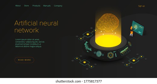 Artificial intelligence or neural network concept in isometric vector illustration. Neuronet or ai technology background with robot and human female. Web banner layout template.