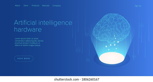 Artificial intelligence or neural network concept in isometric vector illustration. Neuronet or ai technology background with robot and human female. Web banner layout template.