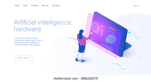 Artificial intelligence or neural network concept in isometric vector illustration. Neuronet or ai technology background with robot and human female. Web banner layout template.