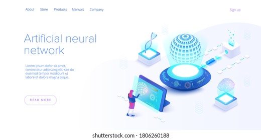 Artificial Intelligence Or Neural Network Concept In Isometric Vector Illustration. Neuronet Or Ai Technology Background With Robot And Human Female. Web Banner Layout Template.