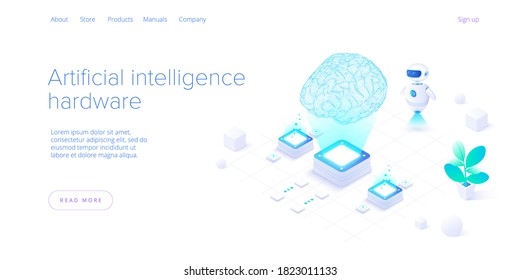 Artificial intelligence or neural network concept in isometric vector illustration. Neuronet or ai technology background with robot and human female. Web banner layout template.