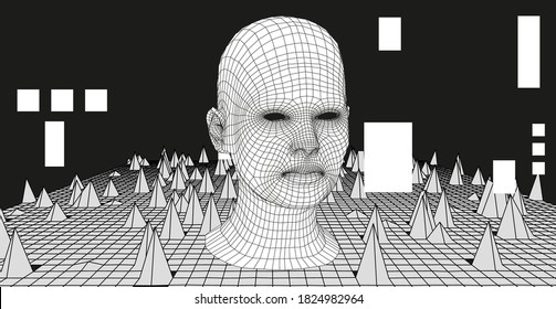 Artificial Intelligence and Neural network concept. 3D human face and infinite perspective grid on the background.