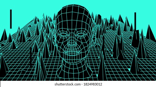 Artificial Intelligence and Neural network concept. 3D human face and infinite perspective grid on the background.