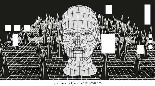 Artificial Intelligence and Neural network concept. 3D human face and infinite perspective grid on the background.