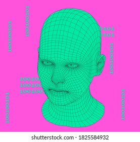 Artificial Intelligence and Neural network concept. 3D human face structure made of grid.