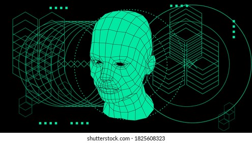 Artificial Intelligence and Neural network concept. 3D human face structure made of grid.