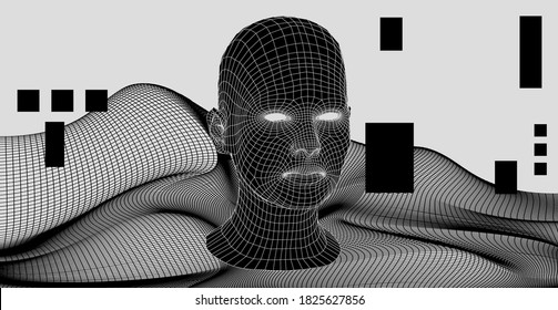 Artificial Intelligence and Neural network concept. 3D human face structure made of grid.