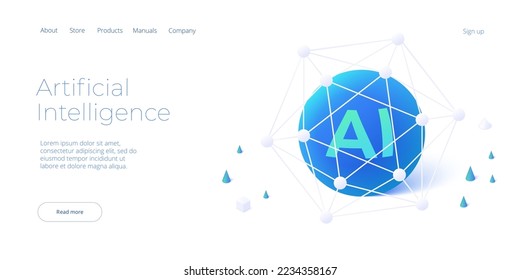 Artificial intelligence or neural network concept in isometric vector illustration. Neuronet or ai technology background with data screens and cloud connection. Web banner layout template