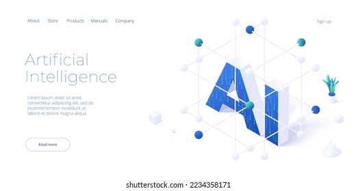 Artificial intelligence or neural network concept in isometric vector illustration. Neuronet or ai technology background with data screens and cloud connection. Web banner layout template