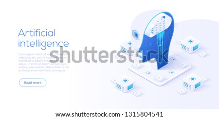 Artificial intelligence or neural network concept in isometric vector illustration. Neuronet or ai technology background with robot head and connections of neurons. Web banner layout template.