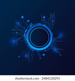 Artificial intelligence neural network vector design. Central empty circle with branched sparkling neural networks resembling microcircuits on an isolated blue background for creative projects.