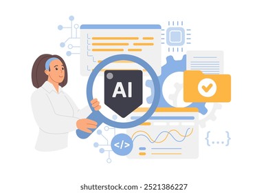 Artificial intelligence and neural networks control, search and coding check with AI. Tiny woman looking through magnifying glass at code, learning and testing program bugs cartoon vector illustration