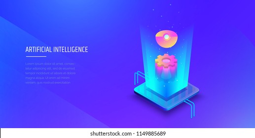 Artificial Intelligence. Neural networks. Digital technologies. Modern vector illustration isometric style.