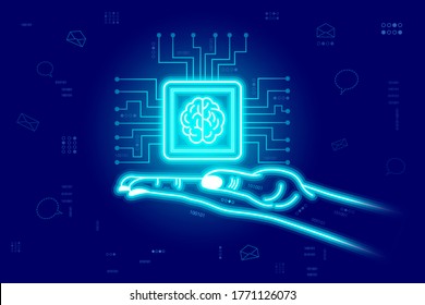 Künstliche Intelligenz, neuronale Netzwerke, stylisierende weibliche digitale Hand hält Prozessor mit einem Gehirn in Neonfarbe. Auf digitalem Cyberhintergrund. Vektor einzeln auf horizontaler Ebene