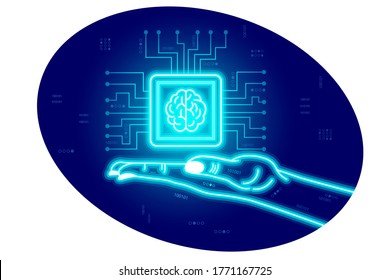 Künstliche Intelligenz, neuronale Netzwerke, stylisierende weibliche digitale Hand hält Prozessor mit einem Gehirn in Neonfarbe. Auf digitalem Cyberhintergrund. Vektor einzeln auf horizontaler Ebene