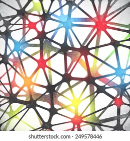 Artificial intelligence neuron cell structure. Digital neural AI network illustration. Polygonal molecular structure of brain neurotransmitters. Vector background