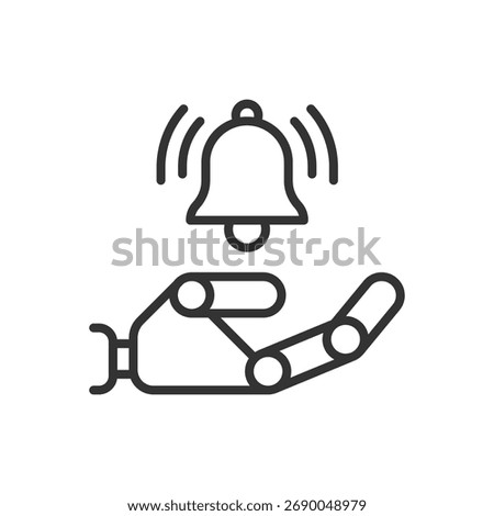 artificial intelligence news clip art icon symbol, announcement message, notification sign, robot hand holding bell with alert notification, isolated thin line vector illustration