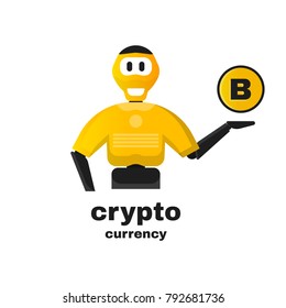Artificial intelligence offers to maining bitcoin. Promo banner business concept. Robot with coin in hand.