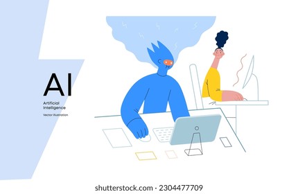 Artificial intelligence, office work -modern flat vector concept illustration of AI effectively working at the desk and surprised human. Metaphor of AI advantage, superiority and dominance concept