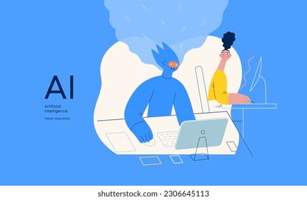 Artificial intelligence, office work -modern flat vector concept illustration of AI effectively working at the desk and surprised human. Metaphor of AI advantage, superiority and dominance concept