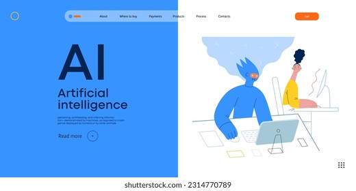 Artificial intelligence, office work -modern flat vector concept illustration of AI effectively working at the desk and surprised human. Metaphor of AI advantage, superiority and dominance concept