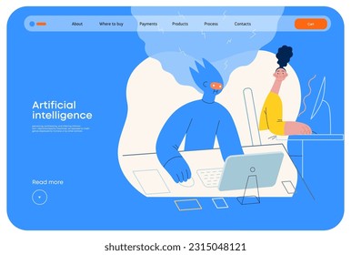 Artificial intelligence, office work -modern flat vector concept illustration of AI effectively working at the desk and surprised human. Metaphor of AI advantage, superiority and dominance concept