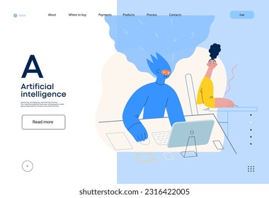 Artificial intelligence, office work -modern flat vector concept illustration of AI effectively working at the desk and surprised human. Metaphor of AI advantage, superiority and dominance concept