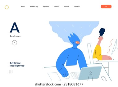 Artificial intelligence, office work -modern flat vector concept illustration of AI effectively working at the desk and surprised human. Metaphor of AI advantage, superiority and dominance concept