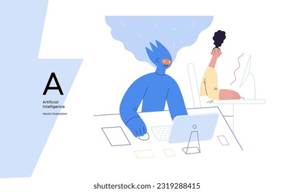 Artificial intelligence, office work -modern flat vector concept illustration of AI effectively working at the desk and surprised human. Metaphor of AI advantage, superiority and dominance concept