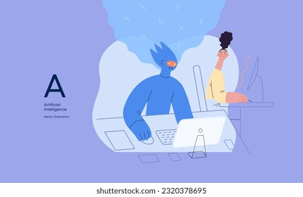 Artificial intelligence, office work -modern flat vector concept illustration of AI effectively working at the desk and surprised human. Metaphor of AI advantage, superiority and dominance concept