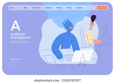 Artificial intelligence, office work -modern flat vector concept illustration of AI effectively working at the desk and surprised human. Metaphor of AI advantage, superiority and dominance concept