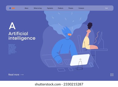 Artificial intelligence, office work -modern flat vector concept illustration of AI effectively working at the desk and surprised human. Metaphor of AI advantage, superiority and dominance concept