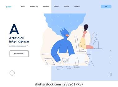 Artificial intelligence, office work -modern flat vector concept illustration of AI effectively working at the desk and surprised human. Metaphor of AI advantage, superiority and dominance concept