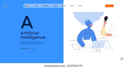 Artificial intelligence, office work -modern flat vector concept illustration of AI effectively working at the desk and surprised human. Metaphor of AI advantage, superiority and dominance concept