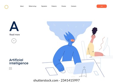 Artificial intelligence, office work -modern flat vector concept illustration of AI effectively working at the desk and surprised human. Metaphor of AI advantage, superiority and dominance concept