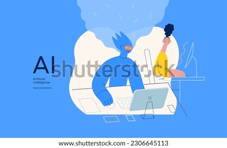 Artificial intelligence, office work -modern flat vector concept illustration of AI effectively working at the desk and surprised human. Metaphor of AI advantage, superiority and dominance concept