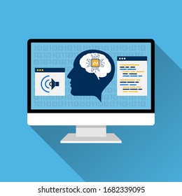 Artificial intelligence on computer screen concept. Computer science demonstrated by brain chip. Intelligent computing platform vector illustration 
