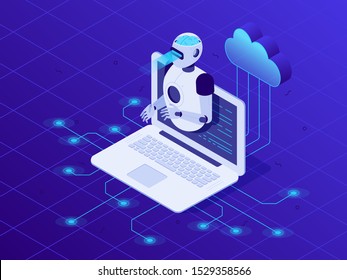 Artificial intelligence on laptop screen. Cloud neural network, AI robot, digital communication chatbots or future question chat conversation intelligence 3D isometric vector illustration