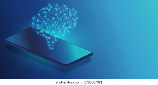 Inteligencia artificial en el móvil. AI con Digital Brain está aprendiendo a procesar grandes datos, información de análisis. Concepto de fondo tecnológico.