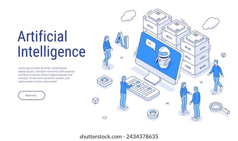 Artificial intelligence on the screen. Isometric illustration in outline style. Chatbot or AI to help with work. Modern technology. Little people in the background of servers