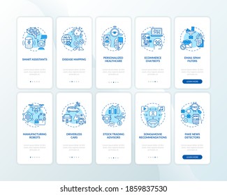 Artificial intelligence onboarding mobile app page screen with concepts set. Futuristic application walkthrough 10 steps graphic instructions. UI vector template with RGB color illustrations