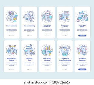 Inteligencia artificial a bordo de la pantalla de la aplicación móvil con los conceptos definidos. Recorrido de aplicación de IA 10 pasos instrucciones gráficas. plantilla de vector de interfaz de usuario con ilustraciones de color RGB