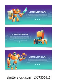Artificial intelligence online service, robotics technologies startup, computer game portal cartoon vector web banners set with various design humanoid and four-foot futuristic robots illustration