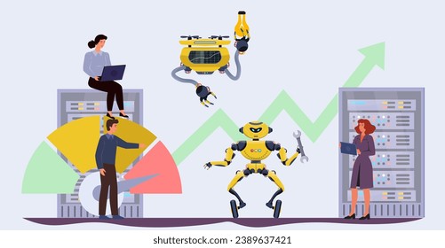 Künstliche Intelligenz Online-Unterstützung. Automatisierter Finanzdienst. Intelligentes Unternehmen für virtuelle Marketingunterstützung. Roboter, Drohne mit einer Lösung. Software, Hardware. Flacher Cartoon, Vektorgrafik. 