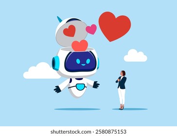 Artificial intelligence. Open robot head to see hearts. Saint Valentine's day card. Love you, website design or landing web page. Modern vector illustration in flat style.