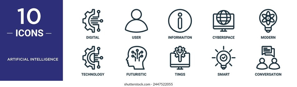 el conjunto de íconos de contorno de inteligencia artificial incluye línea delgada digital, usuario, información, ciberespacio, moderno, tecnología, íconos futuristas para informe, presentación, diagrama, Diseño web