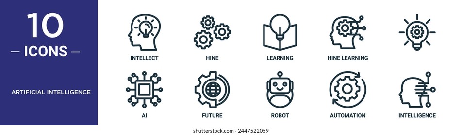 el conjunto de iconos de esquema de inteligencia artificial incluye el intelecto de línea fina, hine, learning, hine learning, , ai, futuros iconos para informes, presentaciones, diagramas, Diseños web